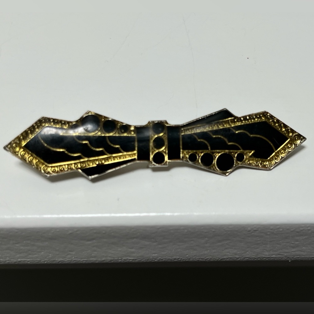 Vintage Art-Deco Black and Gold Enamel Brooch